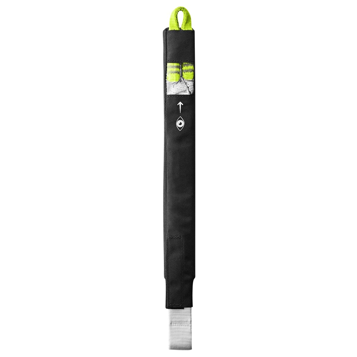 Defuser Rescue, housse de protection noire avec boucles jaune-vert en haut et ruban blanc en bas, flèche et œil comme marques sur le devant, nom du fabricant non visible