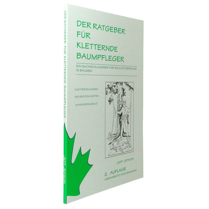 Vue latérale du livre « The Guide for Climbing Arborists » avec texte vert et forme de feuille verte, 2e édition par Jeff Jepson