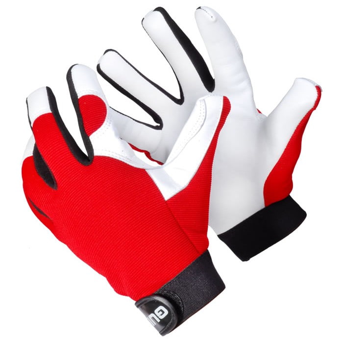 54 Guide Gants de travail en cuir, rouges, blancs et noirs, avec ceinture élastique et fermeture velcro noire