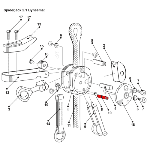 Boulon d’usure SpiderJack 2.1, dessin technique d’un composant avec plusieurs pièces individuelles numérotées, dont un boulon marqué en rouge, nom du fabricant SpiderJack 2.1 visible