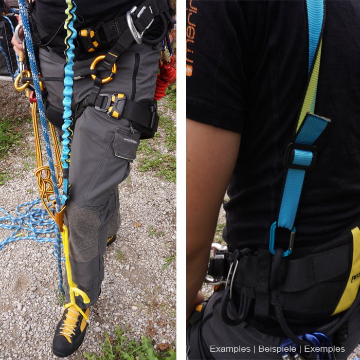Outil élastique bleu avec section élastique et ondulée et sangle plate avec bordure noire et bande intérieure verte sur un pantalon d’extérieur gris avec équipement d’escalade et chaussures de montagne jaunes et noires