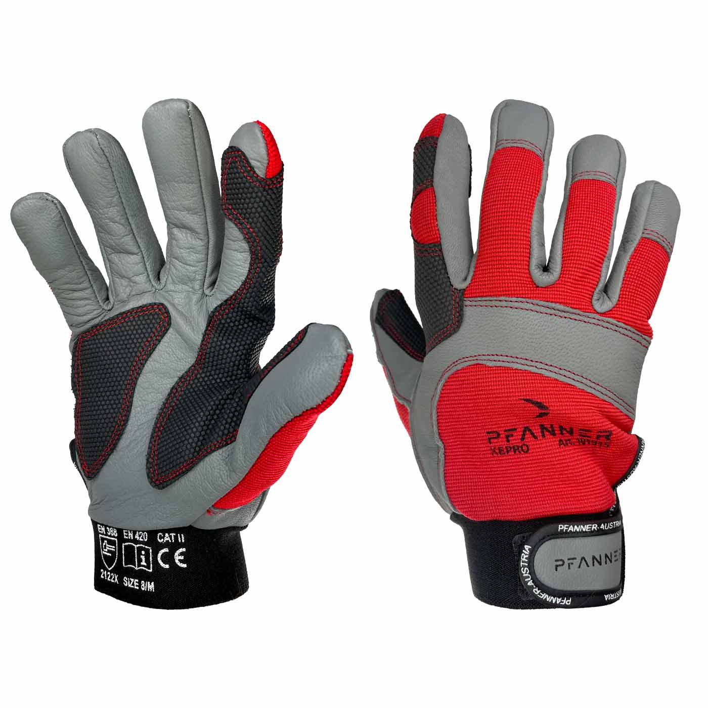Gants de travail StretchFlex® Kepro en gris, rouge et noir avec poignets noirs et fermeture velcro, fabricant Pfanner, visibles à l’avant et à l’arrière