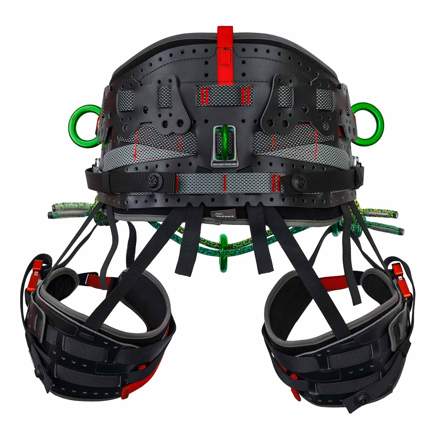 Harnais d’escalade Kinisi Pro avec ceinture rembourrée noire, anneaux en métal vert et boucles rouges, vue arrière