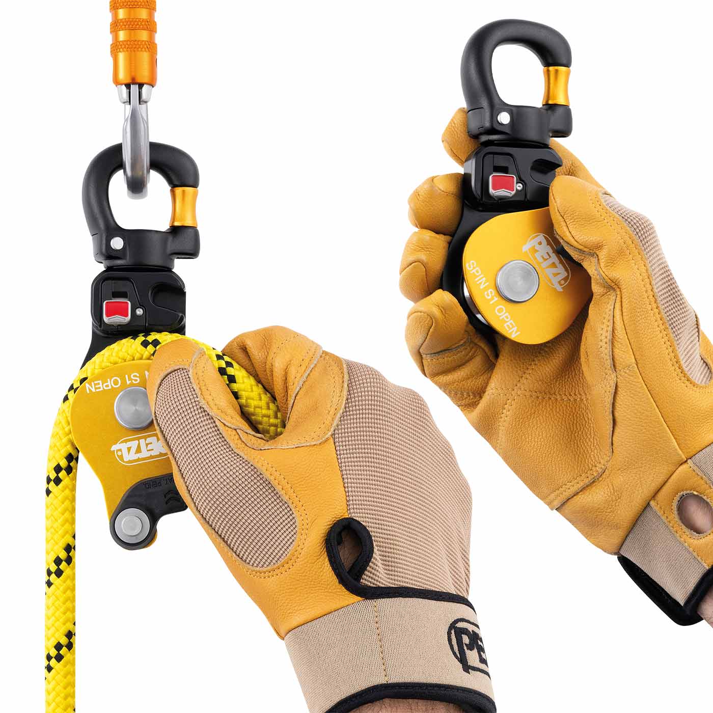 Petzl Spin S1 Poulie ouverte avec boîtier jaune, mousqueton noir avec une corde jaune attachée, deux mains avec des gants de travail jaunes tenant la poulie et la corde.