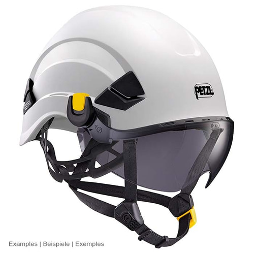 Casque Petzl Vertex blanc avec Vizir Shadow gris et clips jaunes, mentonnière et attaches noires