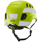 Casque d’escalade Tectum Air Hi-Viz d’Edelrid en jaune vif avec réflecteurs blancs et mentonnière noire, vue arrière avec roue réglable