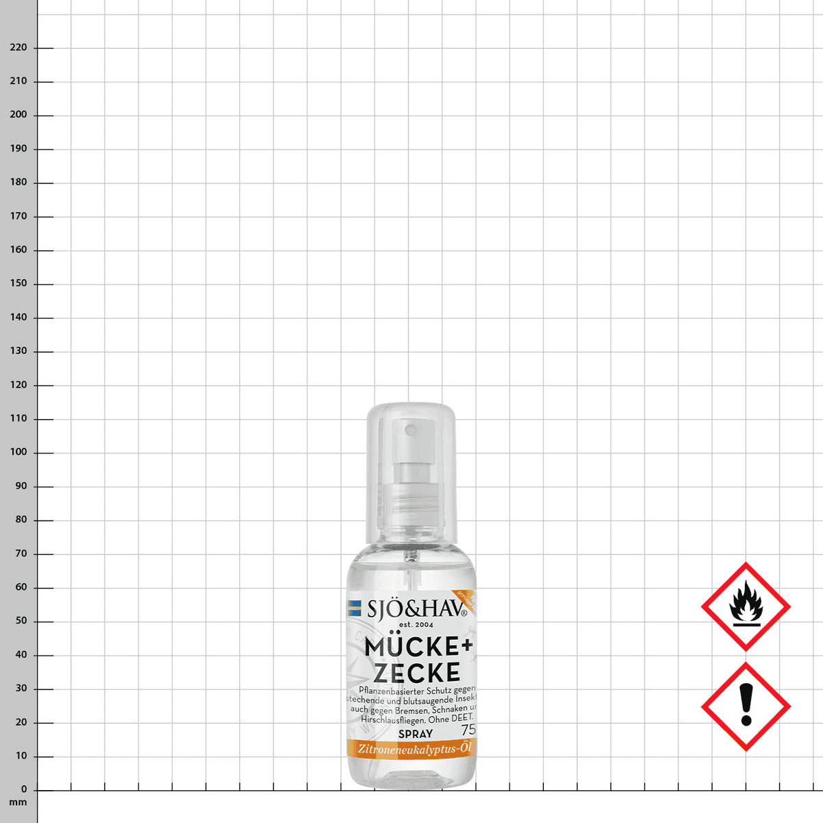 SJÖ&HAV Mosquito+Tick Spray avec tête de pulvérisation transparente et étiquette blanche, champ orange avec l’inscription huile d’eucalyptus citronné, à côté de deux symboles de danger, l’un avec flamme et l’autre avec point d’exclamation