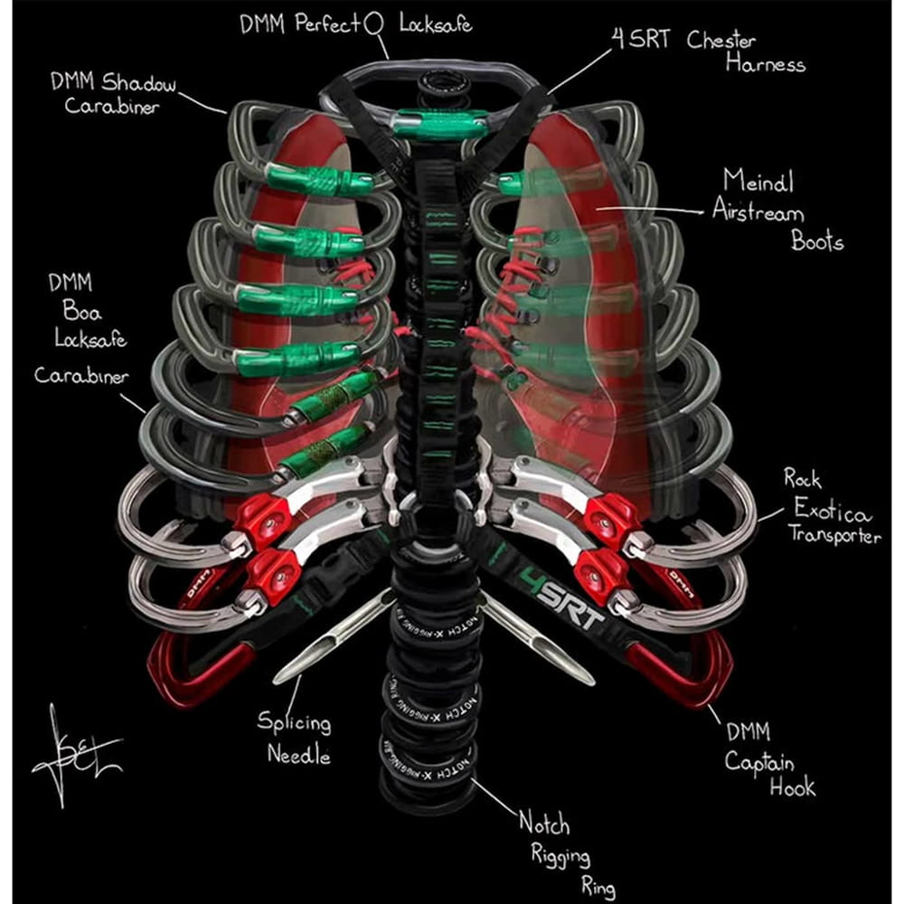 Gros plan du motif de cage thoracique imprimé de l’équipement d’escalade sur le t-shirt noir Arb Ribs
