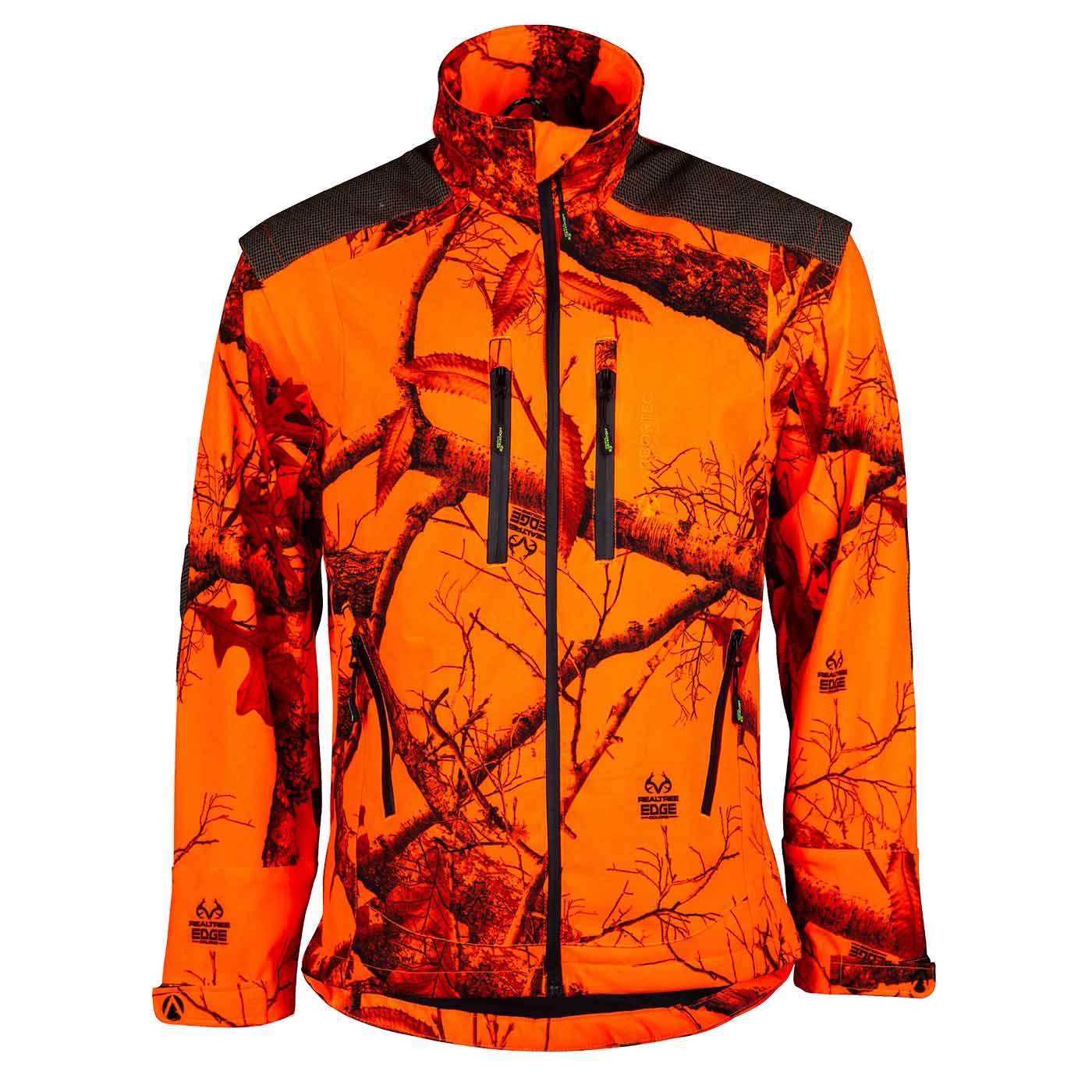Veste Breatheflex Pro Veste orange Realtree avec fermeture éclair noire et motif Realtree, avec deux poches poitrine et une poche latérale, vue de face, fabricant non visible