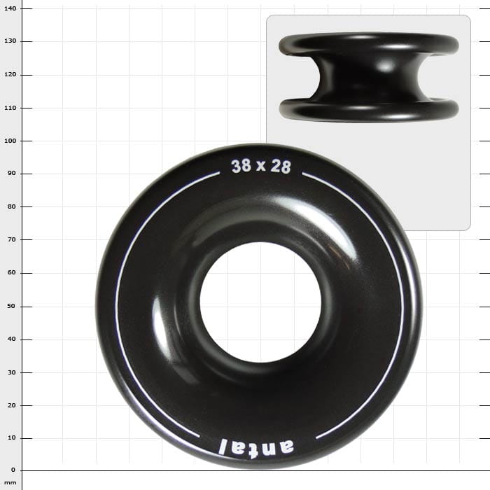 Rigging Ring XL d’Antal, anneau rond noir avec l’inscription « 38 x 28 » et « antal » sur le devant, plus une petite vue de la vue latérale de l’anneau