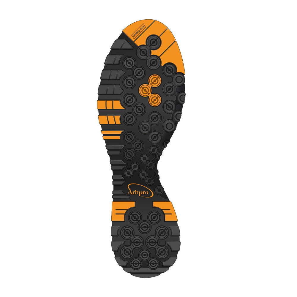 Semelle crantée noire et orange avec logo Arbpro et nombreux picots ronds