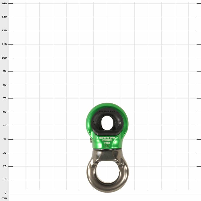 Mini-Swivel, pièce métallique vert-noir et argenté avec deux ouvertures rondes, visibles à l’avant de l’inscription Mini-Swivel