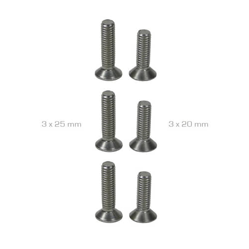Éperons Quickstep d’Arbpro, six vis argentées de différentes longueurs, étiquetées 3 x 25 mm et 3 x 20 mm