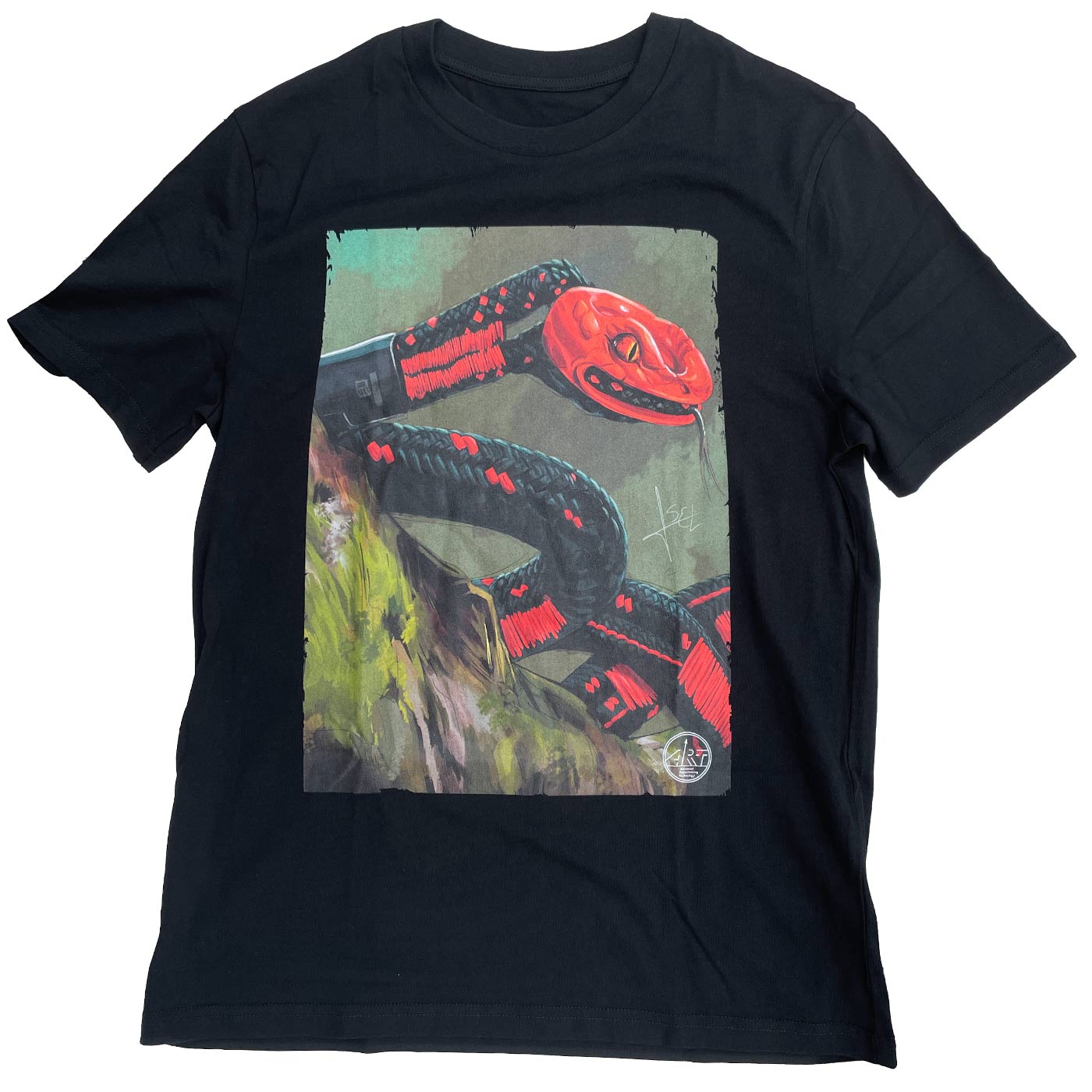 Chemise serpent ART noire avec un grand motif de serpent coloré sur le devant, fabricant ART