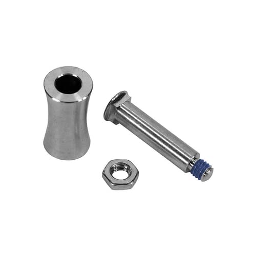 SpiderJack 3 Roller Roller Roller Small Items composé d’un rouleau cylindrique argenté, d’une vis à extrémité filetée bleue et d’un écrou hexagonal sur fond blanc