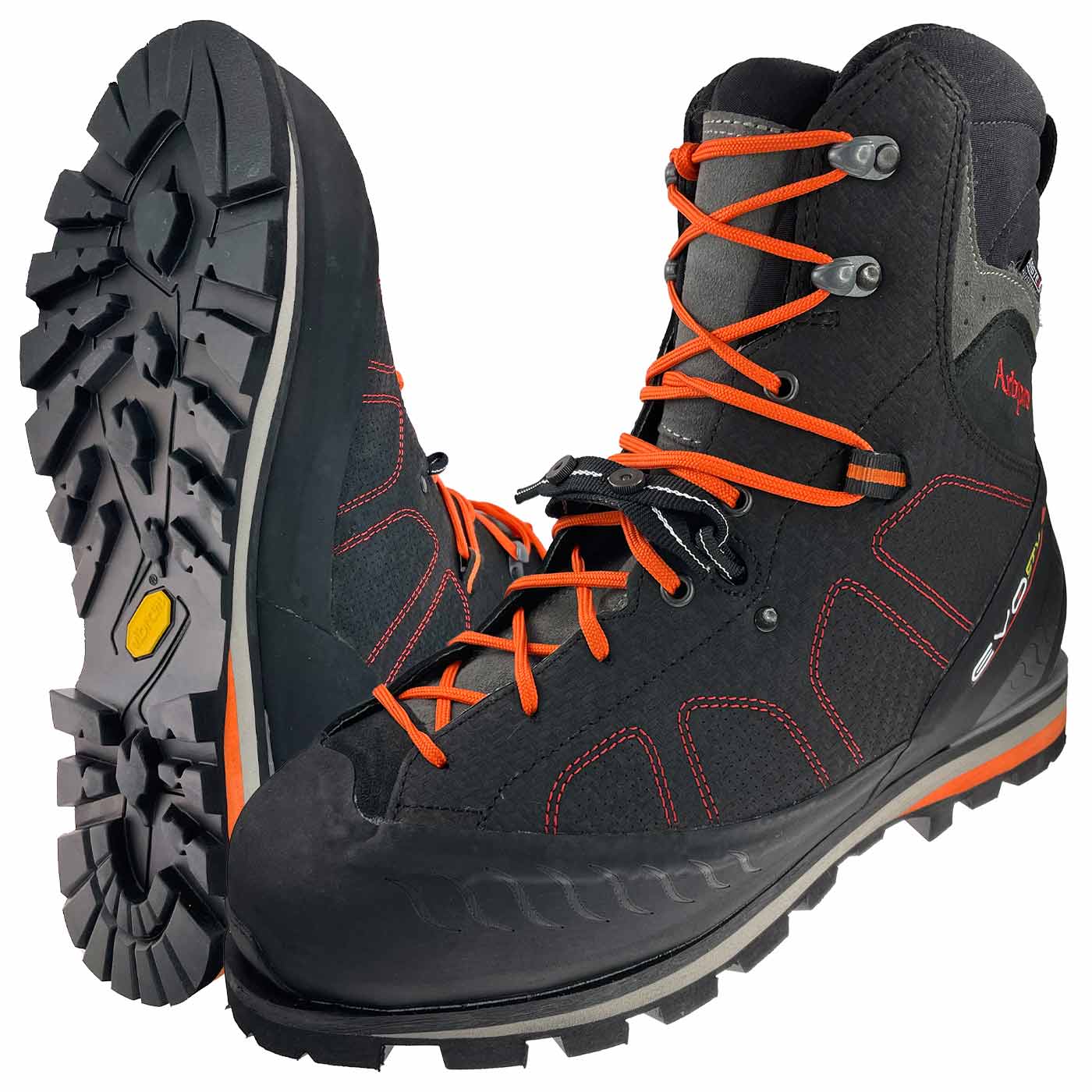 Chaussure de sécurité Evo noire avec lacets orange, semelle crantée et coutures rouges, nom du fabricant non visible