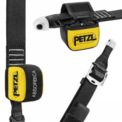 Gros plan de l’Absorbica-I Vario de Petzl avec étiquette jaune, ruban noir, velcro et boucle argentée