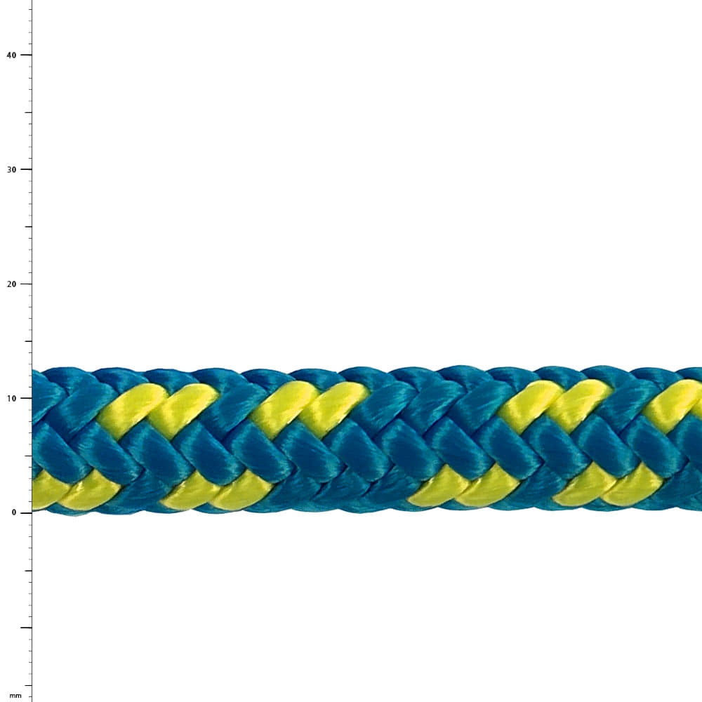 Corde XP-e Aruba en bleu et jaune, gros plan de la structure tressée