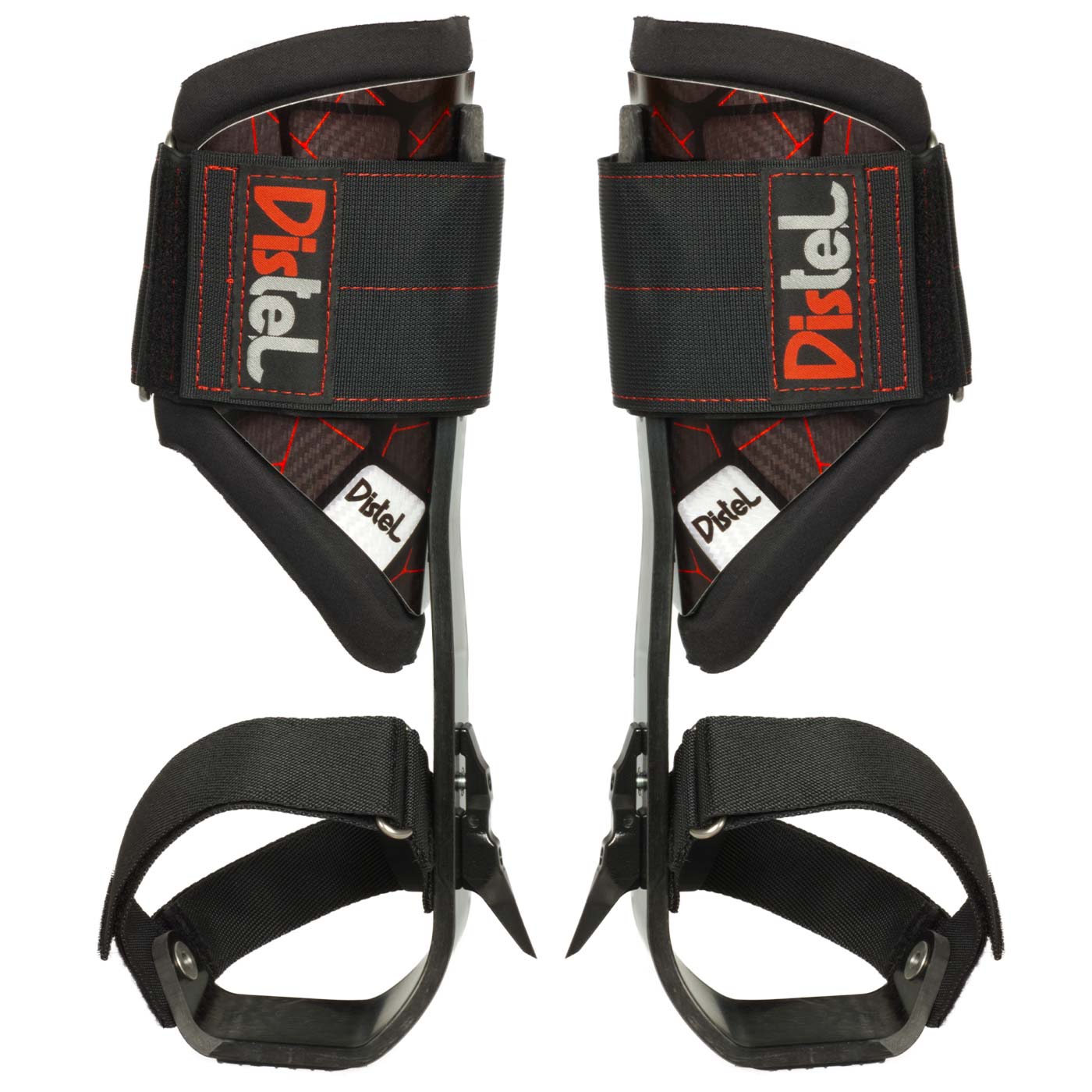 Distel Carbon 3.1 Velcro by Distel, paire d’éperons de via ferrata noirs avec surpiqûres rouges et sangles velcro, photographiée de dos
