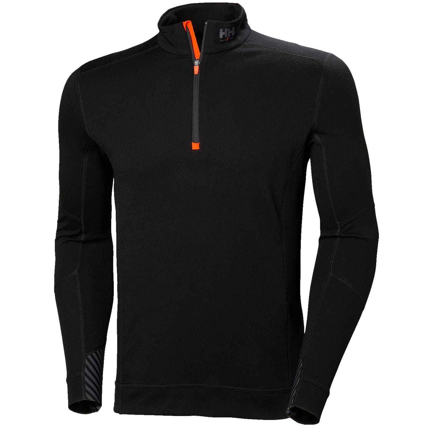 LIFA Merino Half Zip de Helly Hansen, haut à manches longues noir avec fermeture éclair courte et accents orange sur le devant
