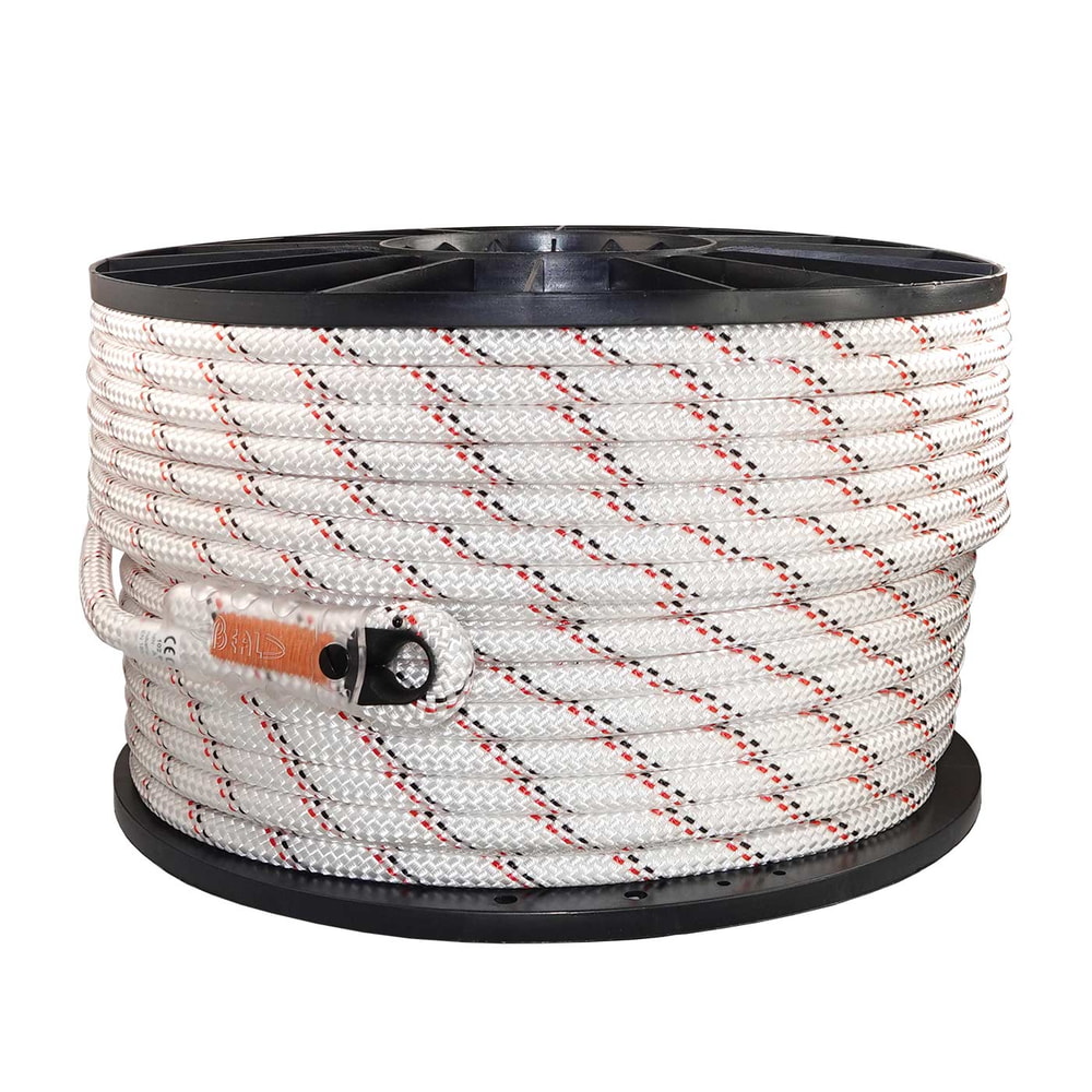 Corde Industrie 11 sur bobine en plastique noir, blanche avec motif rouge-noir, boucle d’extrémité avec protection transparente visible