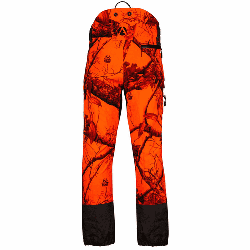 Pantalon Breatheflex Pro Realtree en orange avec motif camouflage noir et renforts genoux noirs, vue arrière avec logos sur les cuisses