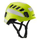 Casque d’escalade Tectum Air Hi-Viz d’Edelrid en jaune vif avec réflecteurs blancs et mentonnière noire, vue latérale