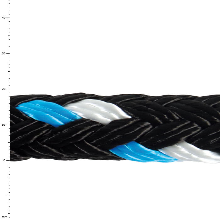 GEFA 4 T PA bleu, gros plan d’une corde tressée en noir, bleu et blanc