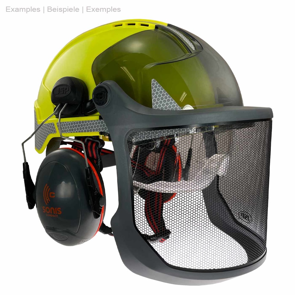 Visière forestière Evoguard M3 avec cadre gris et tissu en maille noire sur un casque jaune avec écouteurs