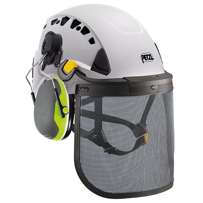 Casque Petzl Vertex Vent Peltor blanc avec protection auditive grise et verte et écran facial noir