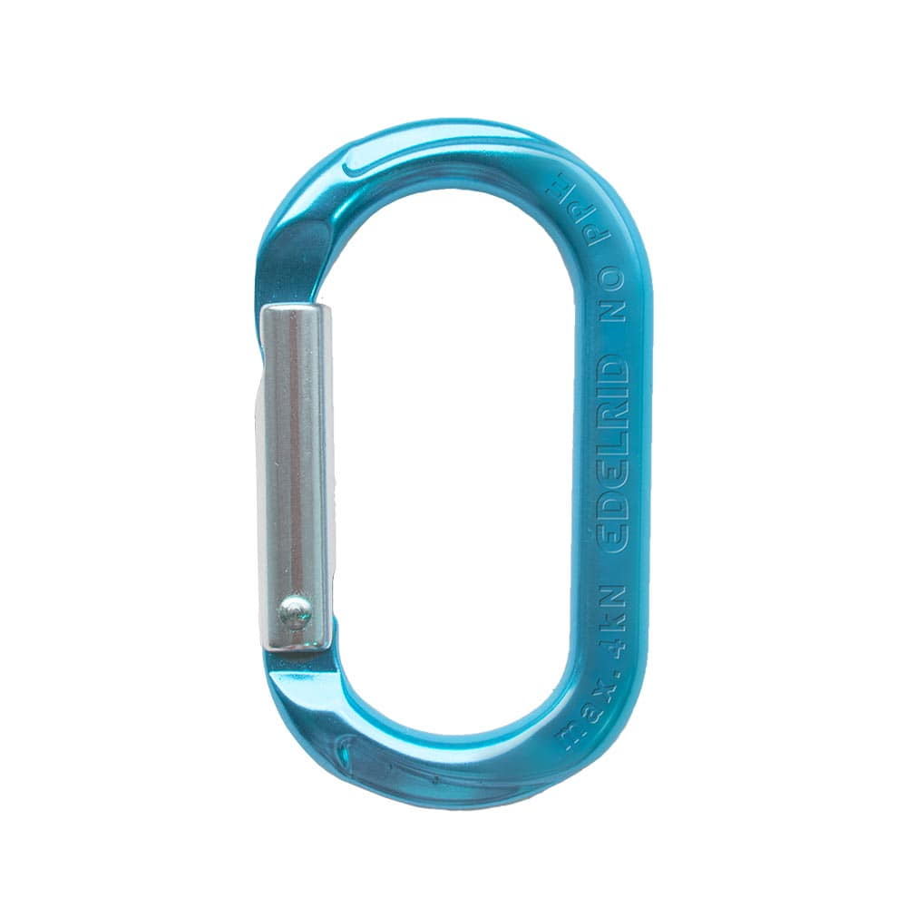 mousqueton Mini-O bleu avec ressort de verrouillage argenté, fabricant non visible