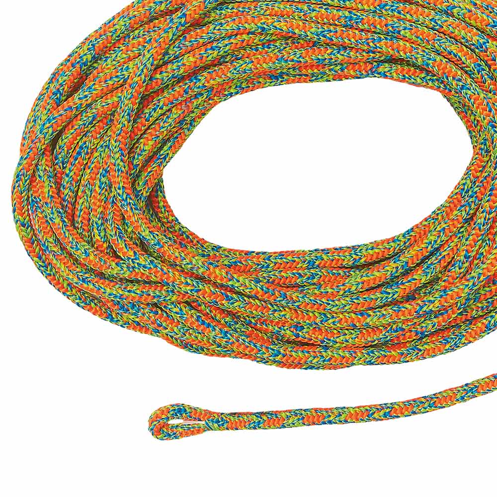 Komora longue corde tressée colorée avec de l’orange, du vert, du bleu et du jaune, enroulée avec une boucle visible à l’extrémité