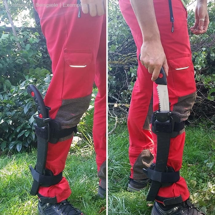 La personne porte un pantalon rouge et des chaussures noires, le Talon Mount est attaché à sa jambe droite avec une scie à main noire