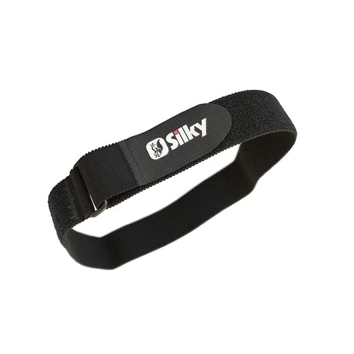 Bretelles de jambe soyeuses noires avec logo Silky sur une étiquette rectangulaire en tissu