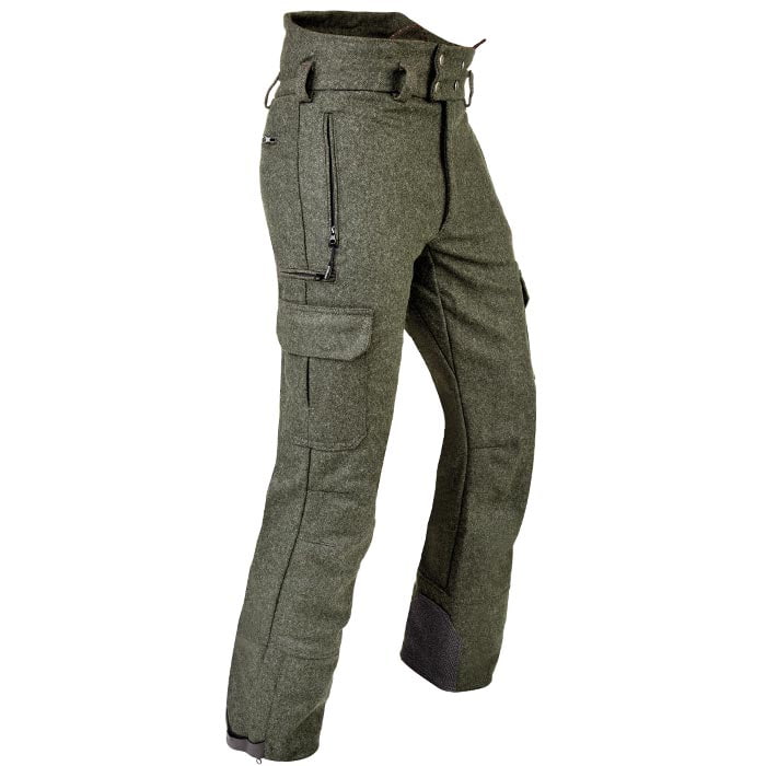 Pantalon en loden vert avec plusieurs poches, fermetures éclair et zone renforcée aux poignets des jambes