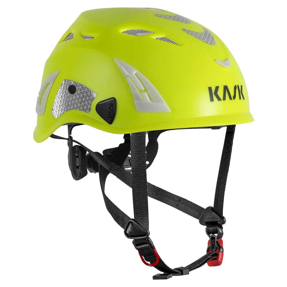Casque KASK Super Plasma PL Hi-Viz en jaune vif avec sangles de fixation noires et éléments argentés réfléchissants