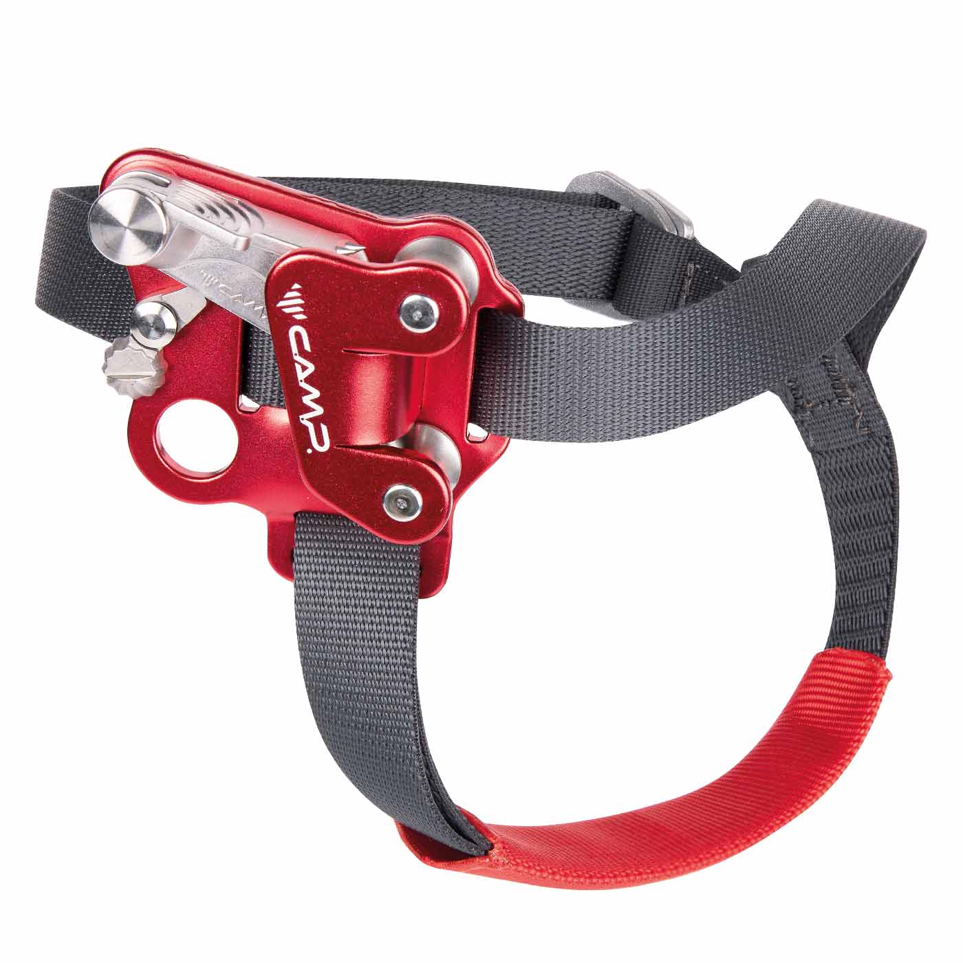 Turbofoot EVO R de CAMP, système de sangle rouge et gris avec mécanisme métallique pour la fixation