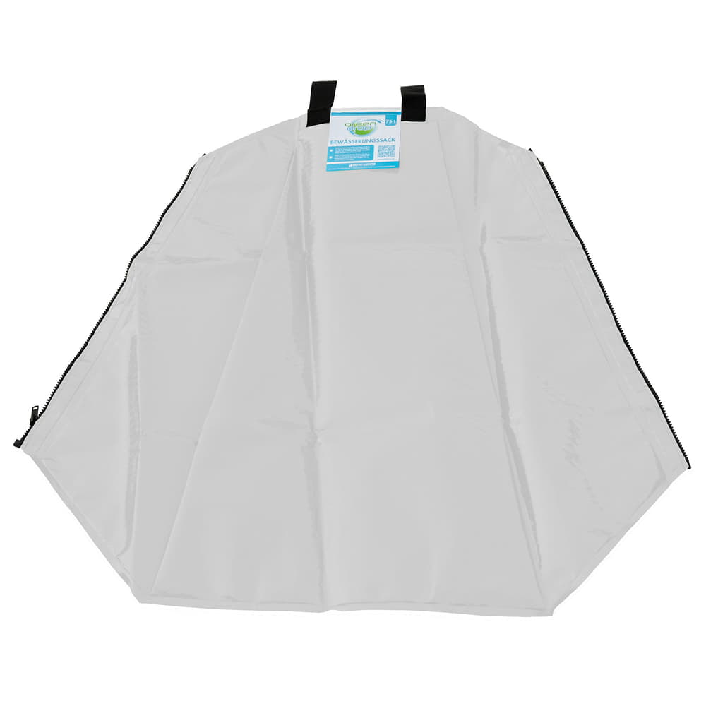 Sac d’arrosage blanc Greendrop en blanc avec deux boucles de transport noires et une étiquette bleue en haut au centre