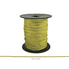Corde multicorde jaune-noir avec motif sur bobine noire, diamètre 2 mm, nom du produit visible sur la bobine