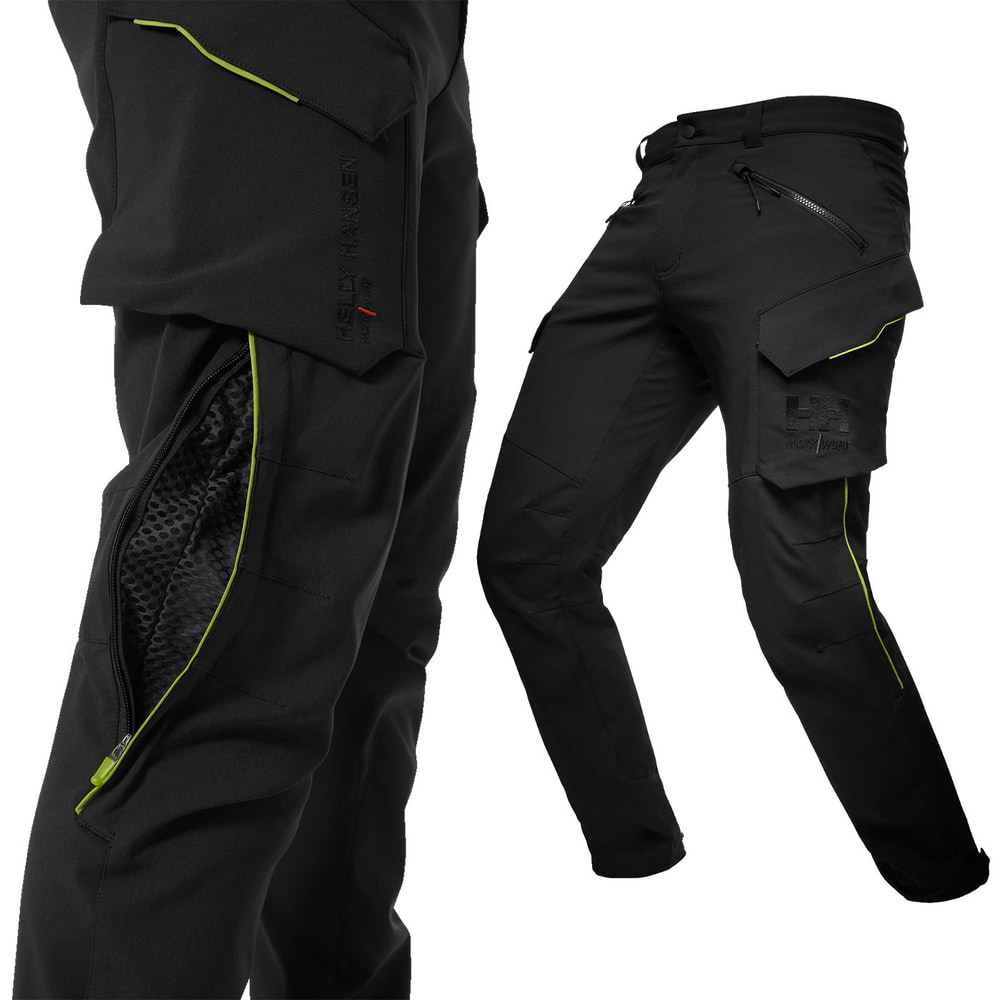 Pantalon cargo Magni Evolution, détail du pantalon de travail noir avec zip et passepoil vert sur le côté
