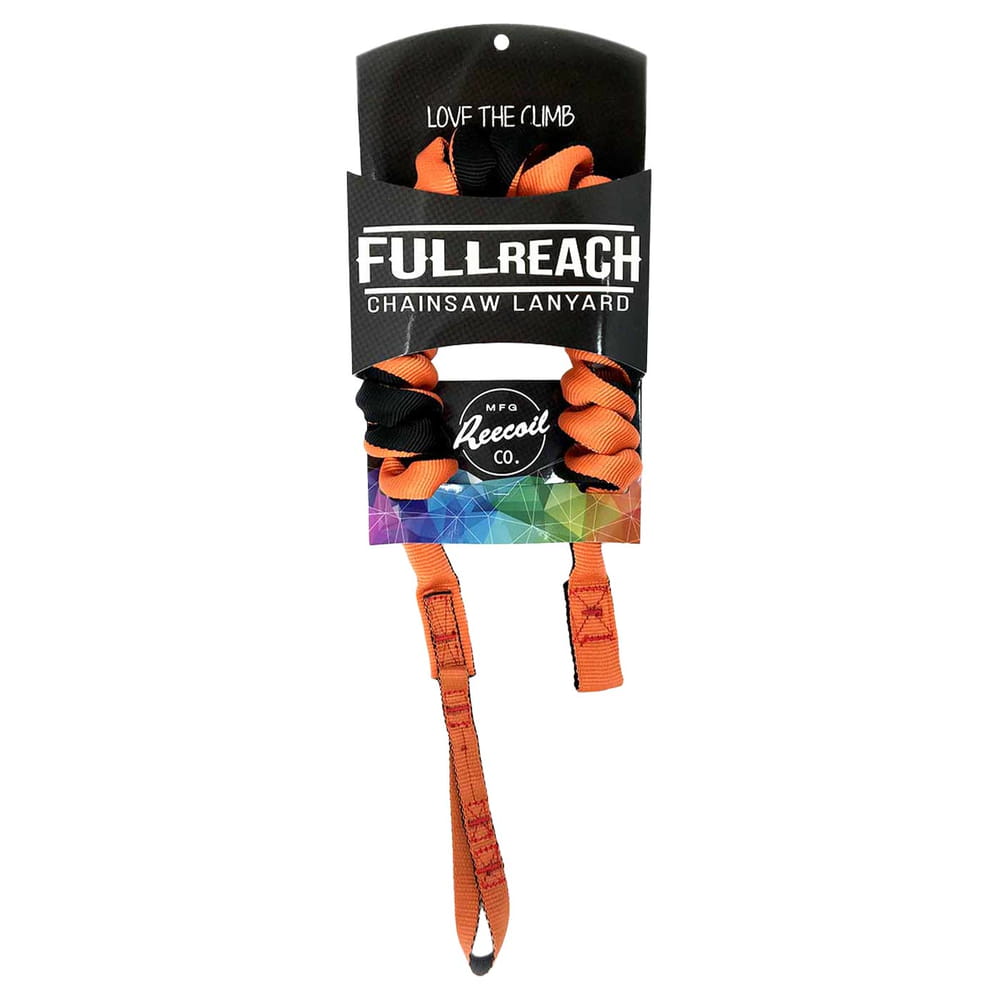 Longe Full Reach en orange et noir, emballée avec une étiquette noire avec le lettrage blanc « FULL REACH CHAINSAW LANYARD »