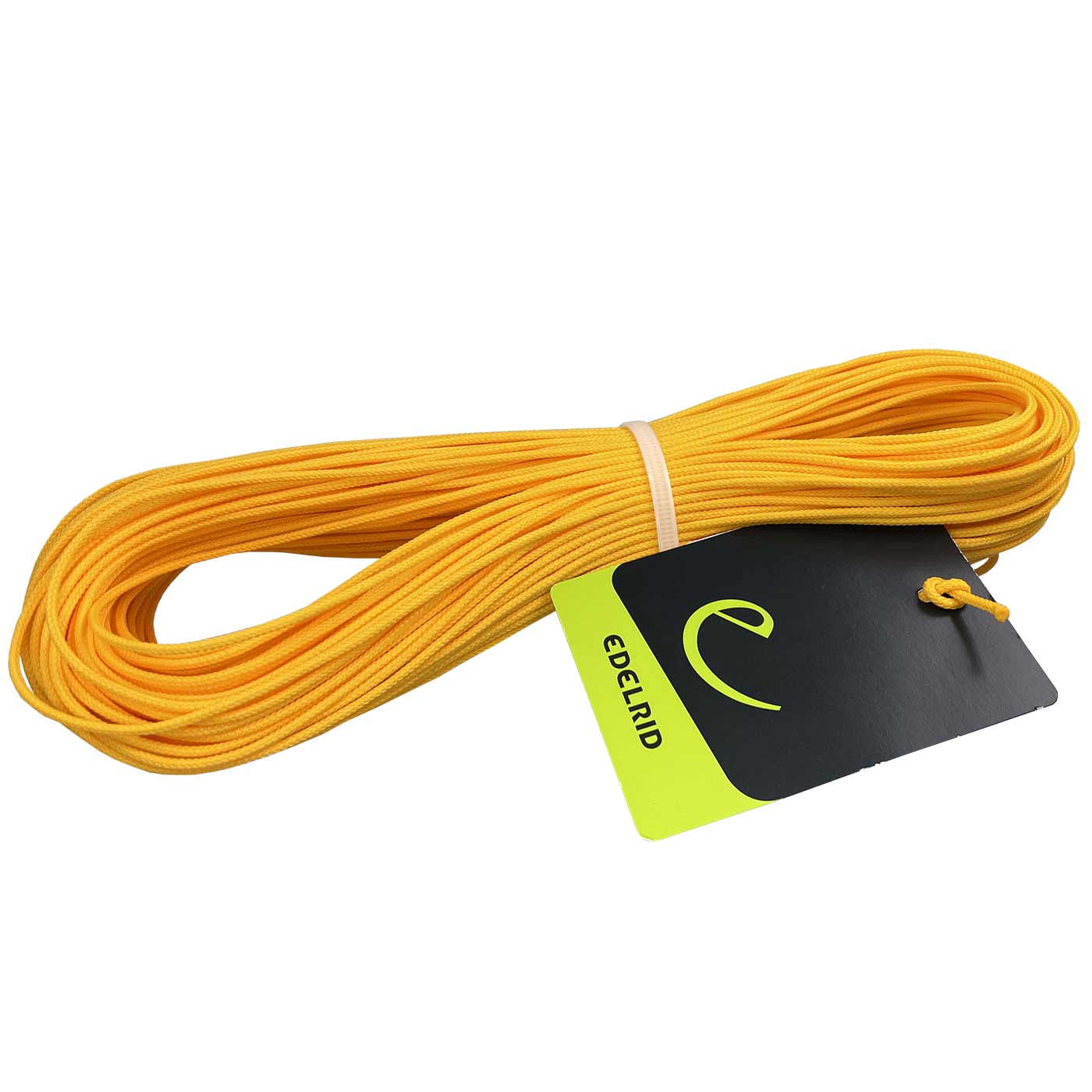 Corde jaune d’Edelrid avec étiquette, enroulée et fixée avec un élastique blanc