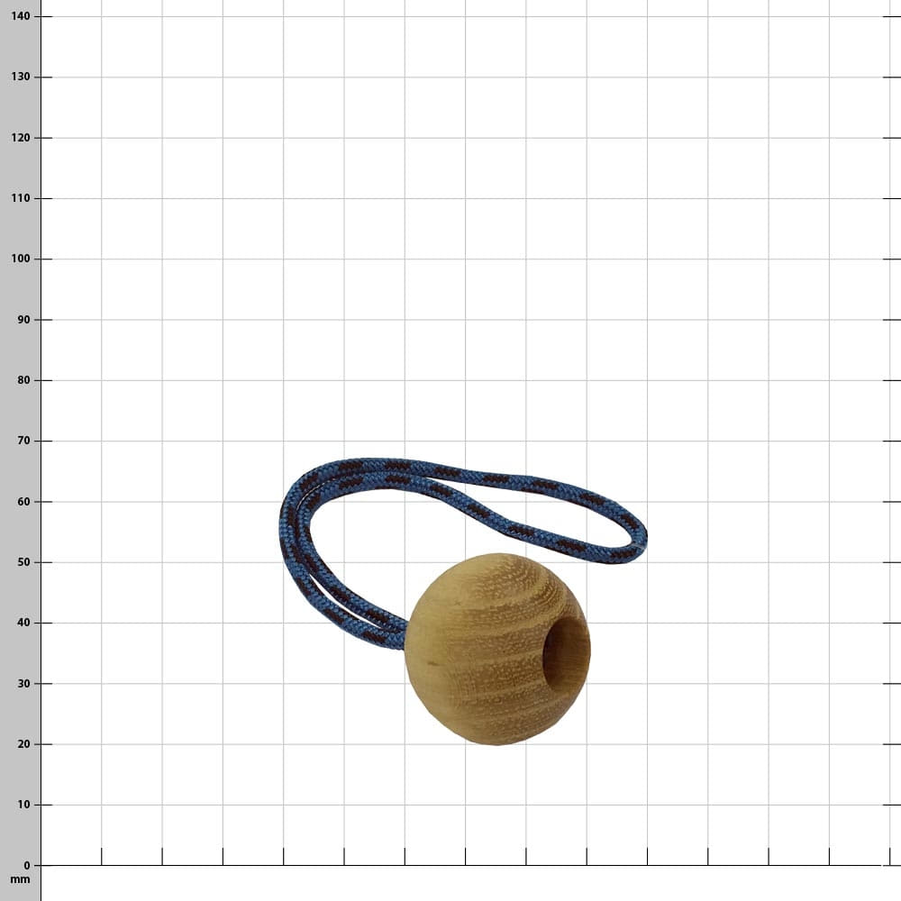Robinia 32, une perle ronde en bois avec un ruban bleu et noir