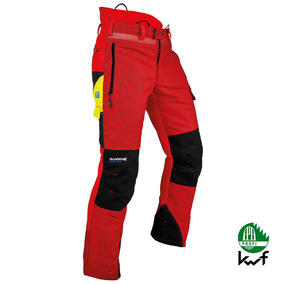 Ventilation Pantalon de protection contre les coupures en rouge avec détails noirs et jaunes, poches latérales zippées et boucles à la taille