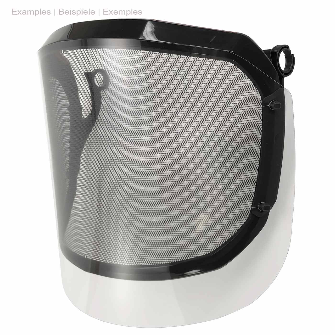 PROTOS® Visor Clip-On Visière transparente avec cadre noir et grille de protection à mailles fines, fixation latérale visible