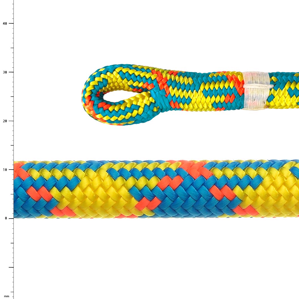 Gros plan d’une corde tressée jaune-bleu-orange avec boucle