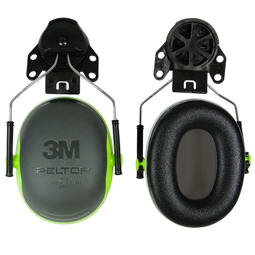 Protection auditive X4 Plug de 3M Peltor en gris et vert, avec branches et rembourrage noirs, vue avant avec logo 3M visible et vue arrière avec rembourrage intérieur noir