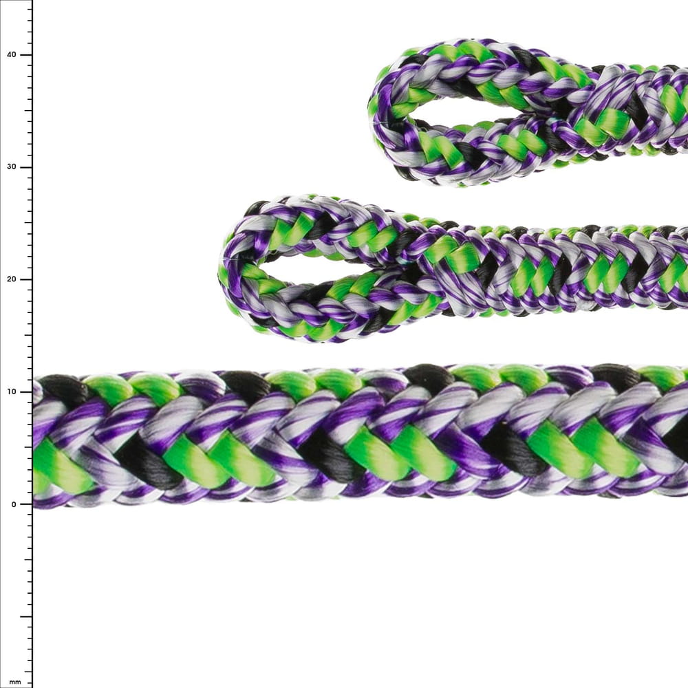 Corde double Argiope Evo en vert, violet, noir et blanc, avec deux extrémités de boucle, gros plan