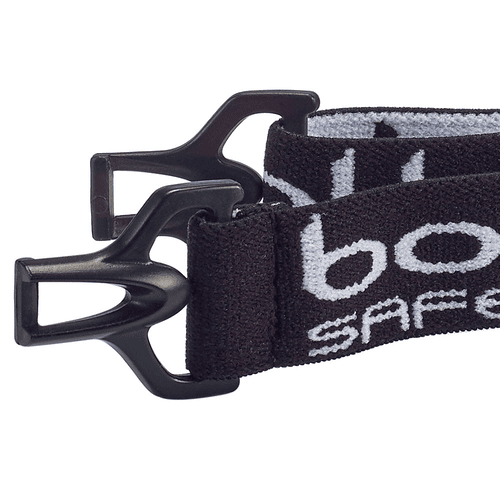 Gros plan du fermoir noir et de l’élastique noir avec inscription blanche « bollé SAFETY » du kit de pièces de rechange Baxter