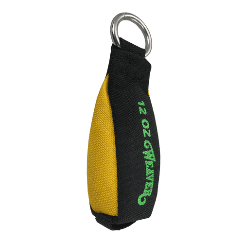 Balle de 12 OZ, noire et jaune avec texte vert et anneau métallique sur le dessus, vue latérale